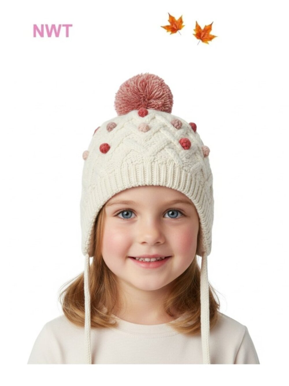 NWT - VIGNETTE Cream Knit Beanie features adorable rose & pink pompoms